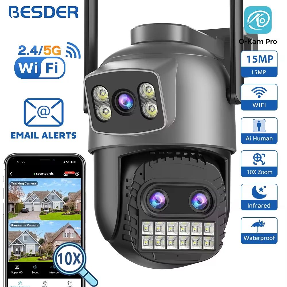BESDER 15MP WiFi PTZ Outdoor Security Camera with Dual Lens & Human Detection