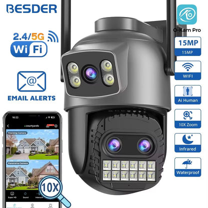 BESDER 15MP WiFi PTZ Outdoor Security Camera with Dual Lens & Human Detection