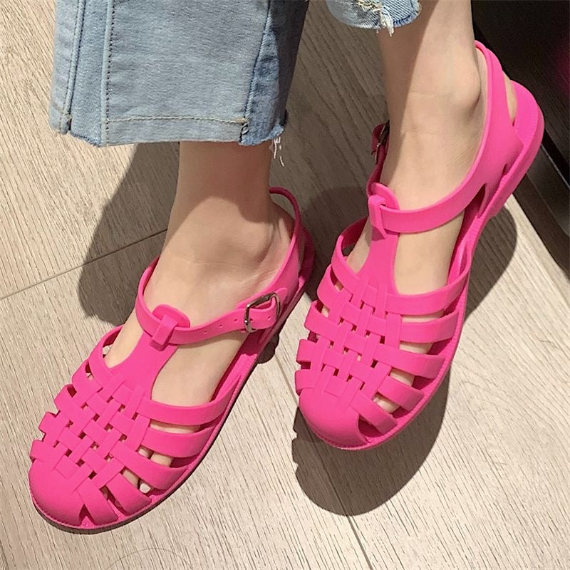 Gladiator Style Women Rome Sandals Soft PVC Summer Shoes Peep Toe Cut-out Design Girls Student Street Outdoor Sandals