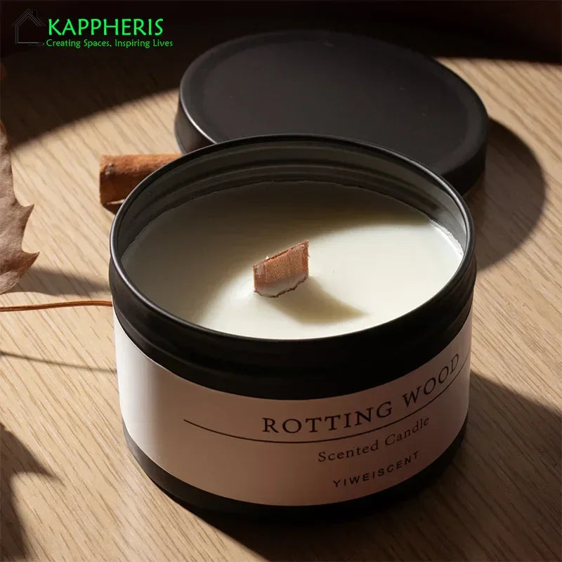 Black Tin Candle with Wooden Wick, Aromatic Scented Candles with Dried Flower, Classic Home Decorative Jars with Lid