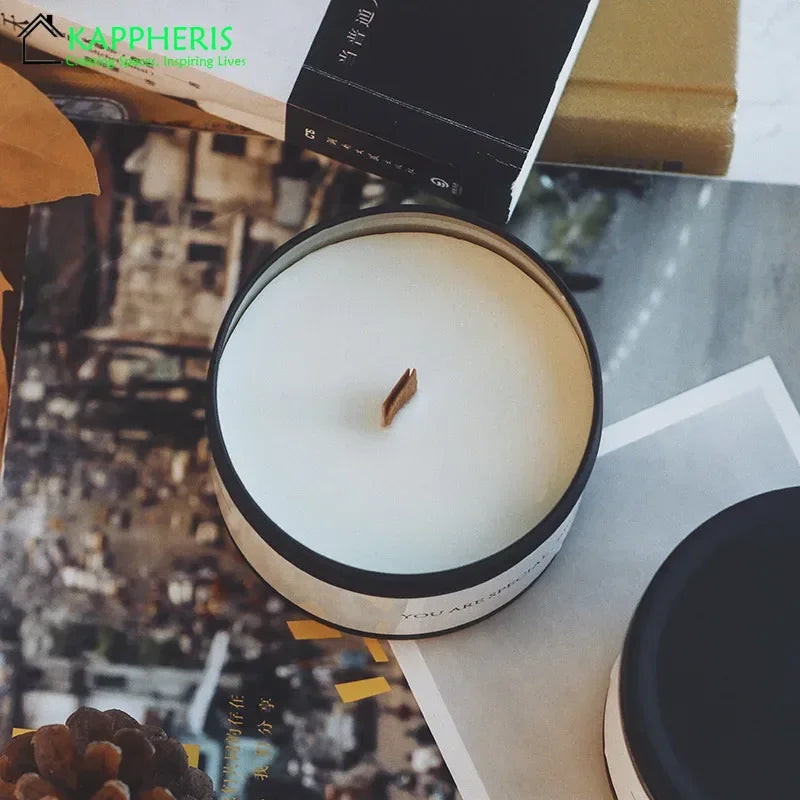 Black Tin Candle with Wooden Wick, Aromatic Scented Candles with Dried Flower, Classic Home Decorative Jars with Lid