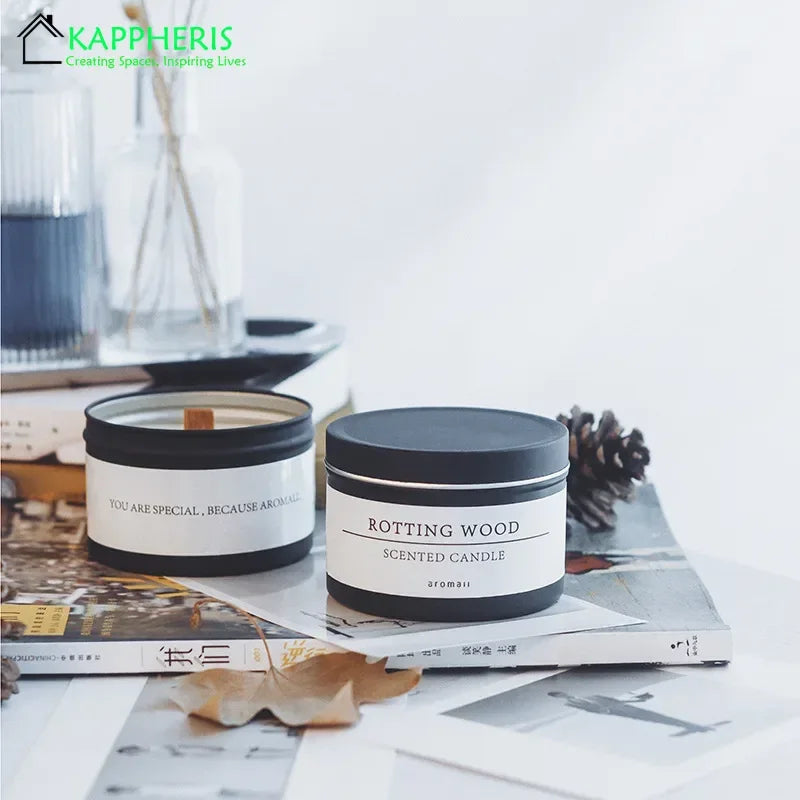 Black Tin Candle with Wooden Wick, Aromatic Scented Candles with Dried Flower, Classic Home Decorative Jars with Lid