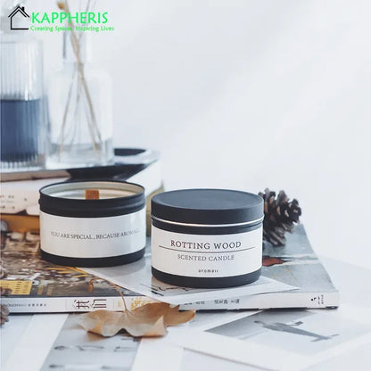Black Tin Candle with Wooden Wick, Aromatic Scented Candles with Dried Flower, Classic Home Decorative Jars with Lid