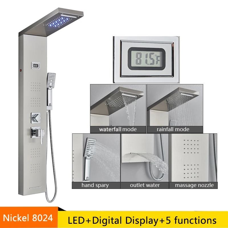 LED Rainfall Shower Panel With Digital Display And Massage Jets 9