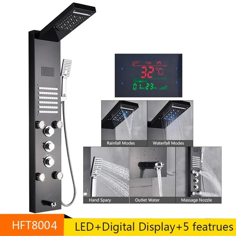 LED Rainfall Shower Panel With Digital Display And Massage Jets 11