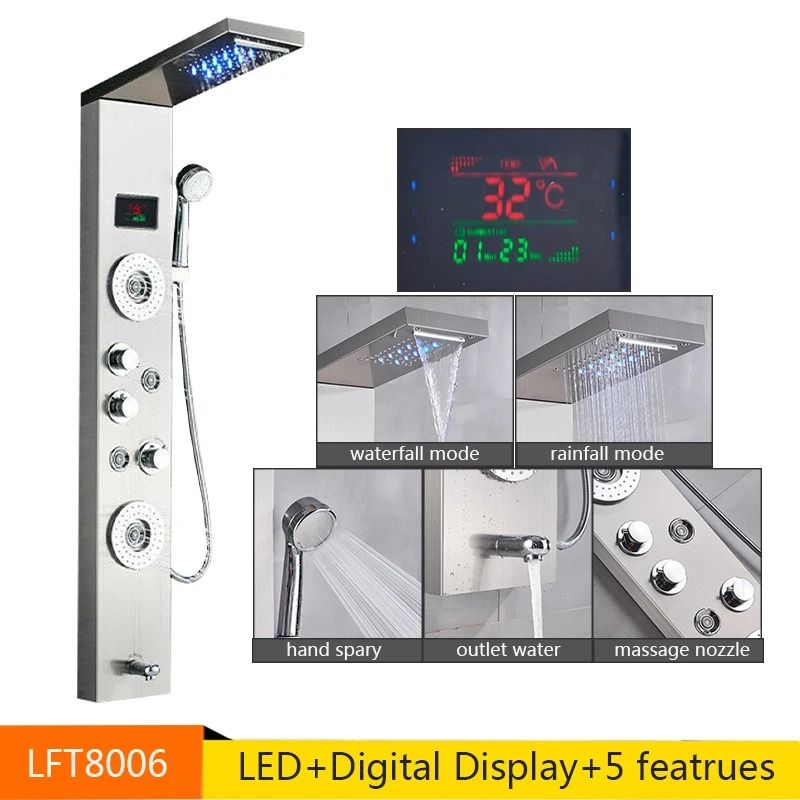 LED Rainfall Shower Panel With Digital Display And Massage Jets 12