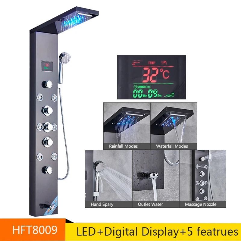 LED Rainfall Shower Panel With Digital Display And Massage Jets 17