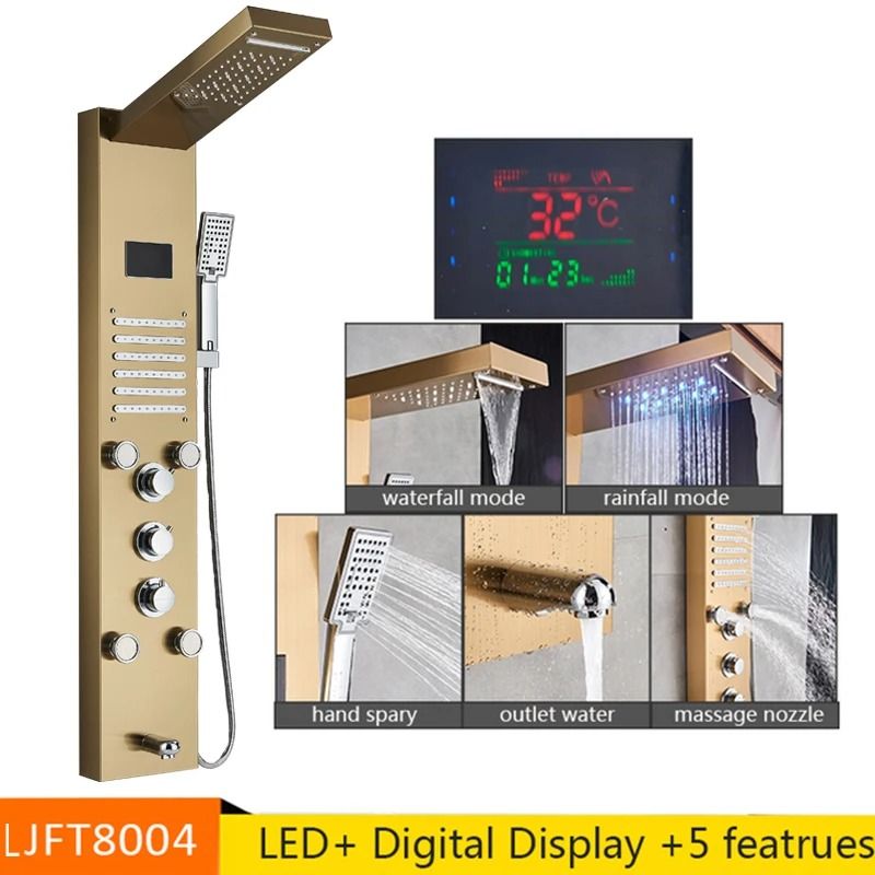 LED Rainfall Shower Panel With Digital Display And Massage Jets 5