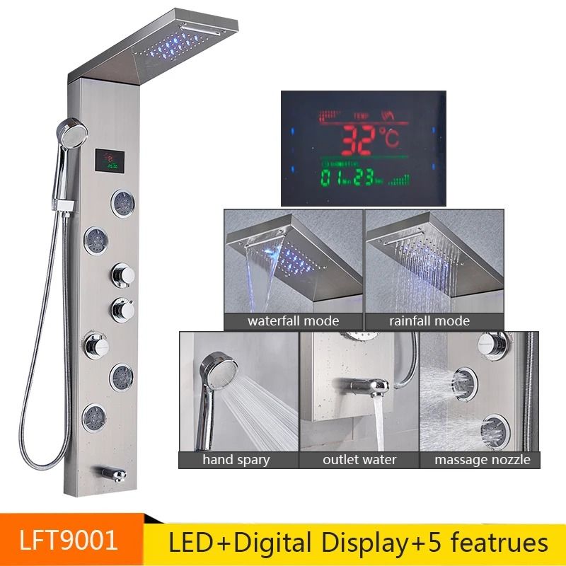 LED Rainfall Shower Panel With Digital Display And Massage Jets 21