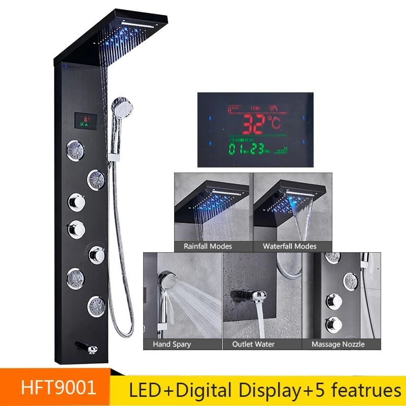 LED Rainfall Shower Panel With Digital Display And Massage Jets 22