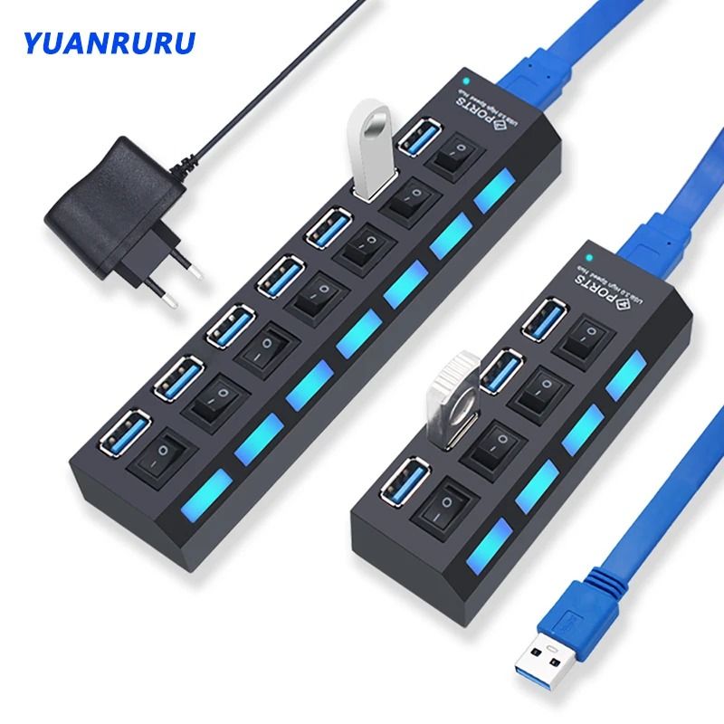 USB Hub Expander with Multiple Ports and Power Switch for PC Accessories
