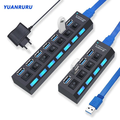 USB Hub Expander with Multiple Ports and Power Switch for PC Accessories