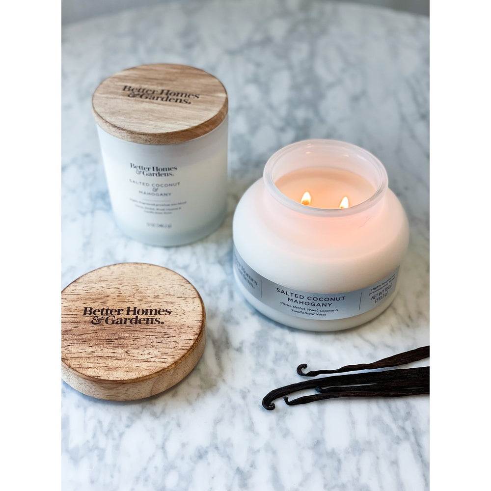 Salted Coconut Mahogany Scented Candle 2 Wick Frosted Jar Herbal Citrus Vanilla Notes Long Burn Tim 3