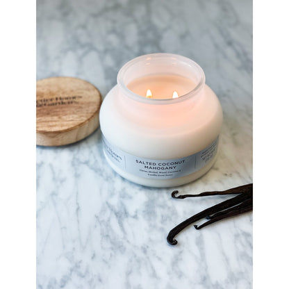 Salted Coconut Mahogany Scented Candle 2 Wick Frosted Jar Herbal Citrus Vanilla Notes Long Burn Tim 4