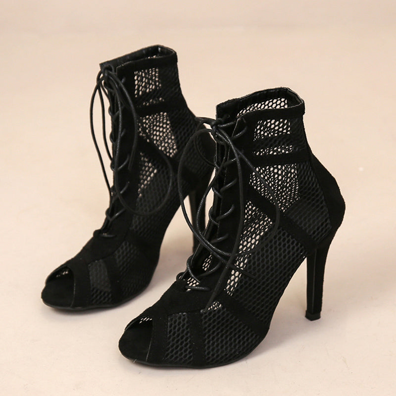 Summer Sexy High Heels Hollow Mesh Sandals for Women, Cross-tied Peep Toe Ankle Strap Dance Shoes Black Net Heeled