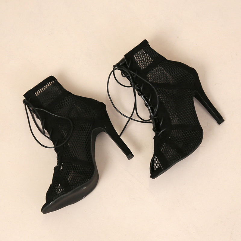 Summer Sexy High Heels Hollow Mesh Sandals for Women, Cross-tied Peep Toe Ankle Strap Dance Shoes Black Net Heeled