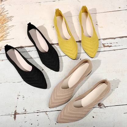 Solid Color Knitted Womens Pointed Toe Flat Shoes, Casual Slip On Ballet Flats, Lightweight Breathable Loafers