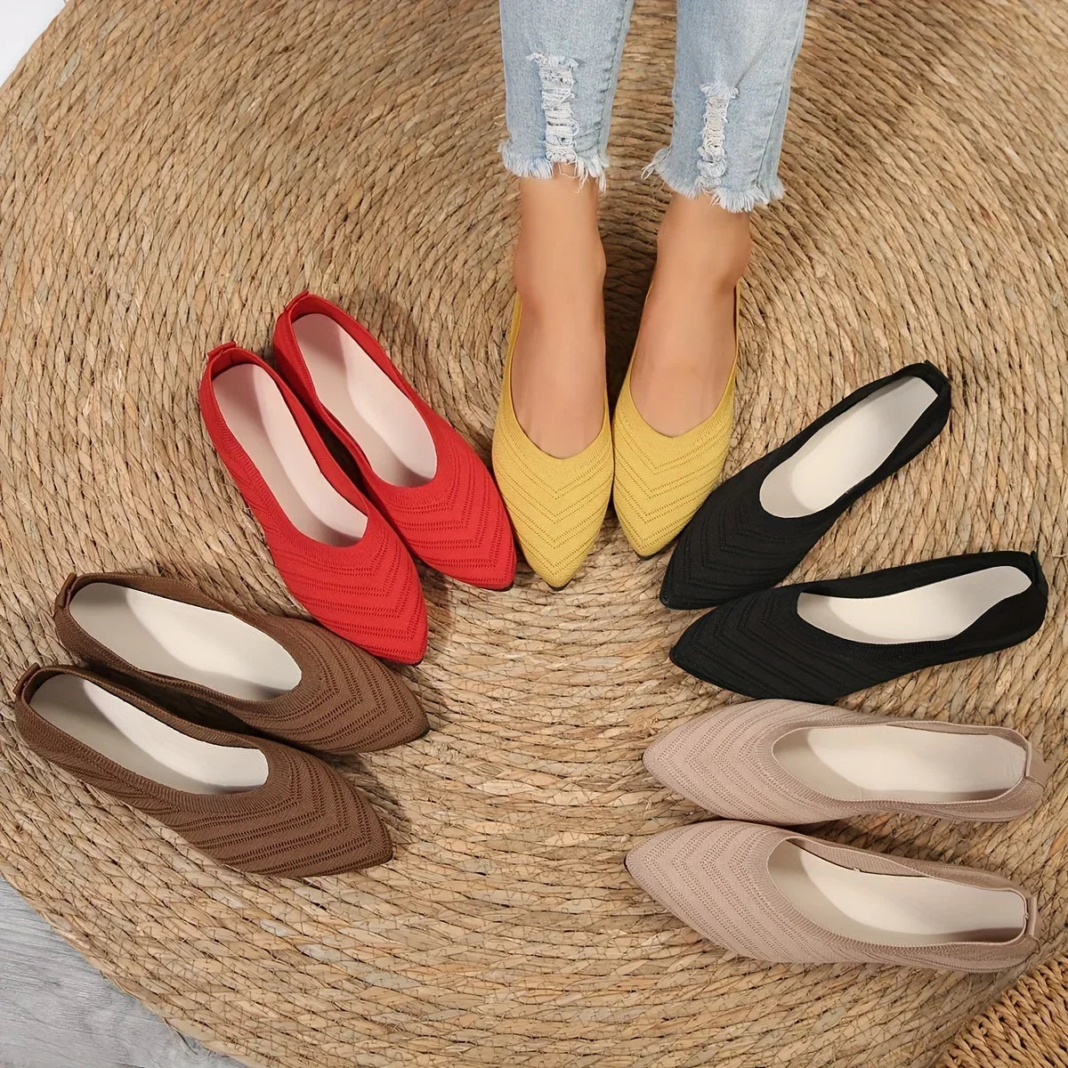 Casual Womens Pointed Toe Flat Shoes, Solid Color Knitted Slip On Ballet Flats, Lightweight Breathable Loafers