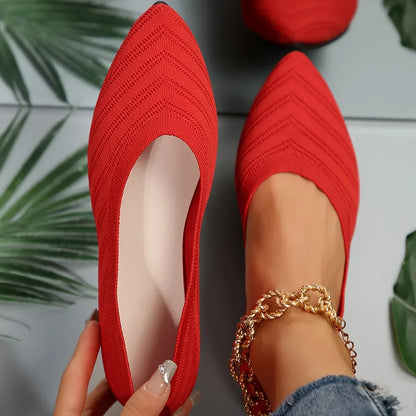 Casual Womens Pointed Toe Flat Shoes, Solid Color Knitted Slip On Ballet Flats, Lightweight Breathable Loafers