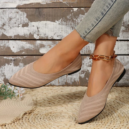 Casual Womens Pointed Toe Flat Shoes, Solid Color Knitted Slip On Ballet Flats, Lightweight Breathable Loafers