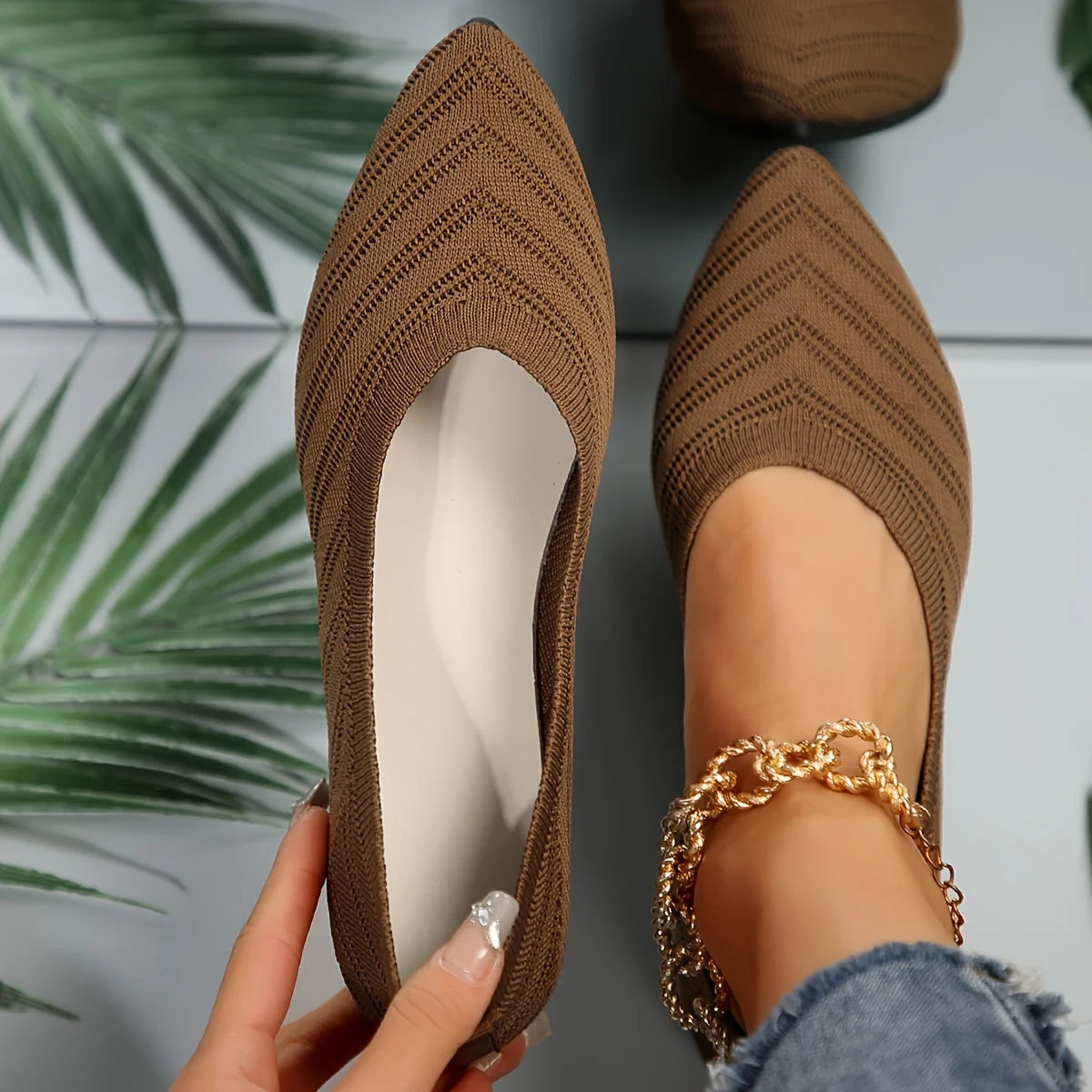 Casual Womens Pointed Toe Flat Shoes, Solid Color Knitted Slip On Ballet Flats, Lightweight Breathable Loafers