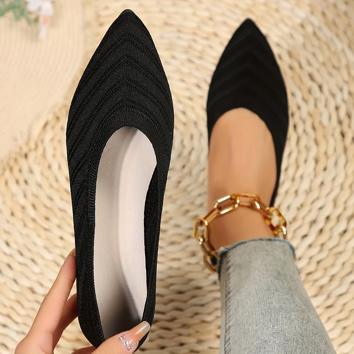 Casual Womens Pointed Toe Flat Shoes, Solid Color Knitted Slip On Ballet Flats, Lightweight Breathable Loafers