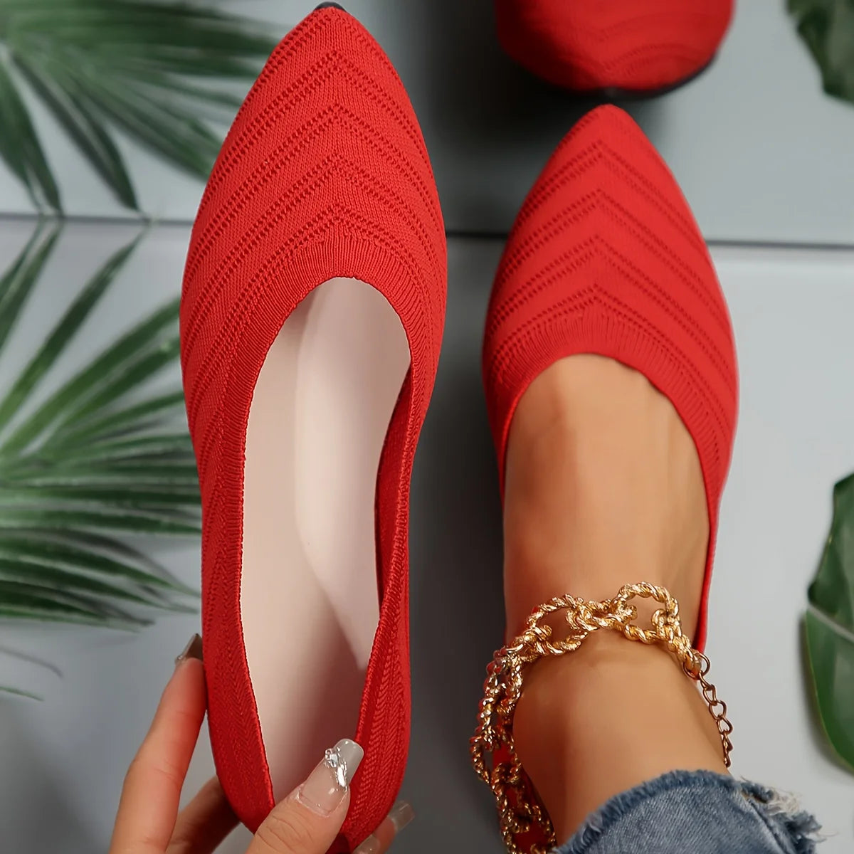 Casual Womens Pointed Toe Flat Shoes, Solid Color Knitted Slip On Ballet Flats, Lightweight Breathable Loafers