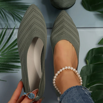 Casual Womens Pointed Toe Flat Shoes, Solid Color Knitted Slip On Ballet Flats, Lightweight Breathable Loafers