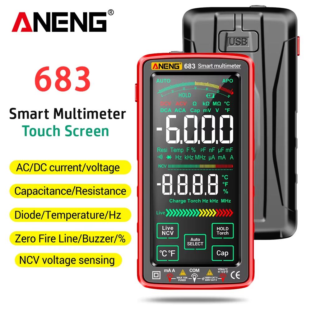 ANENG 683 Smart Multimeter – High-End 6000 Counts Rechargeable Touchscreen AC/DC Voltage Tester & Multitester