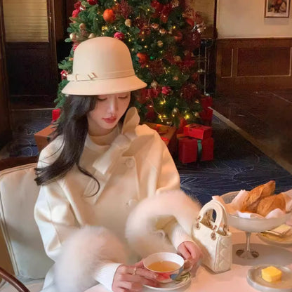 Womens Winter Fashion Outerwear Double Faced Cashmere Coat With Real Fox Fur Autumn Winter Gentle W 1