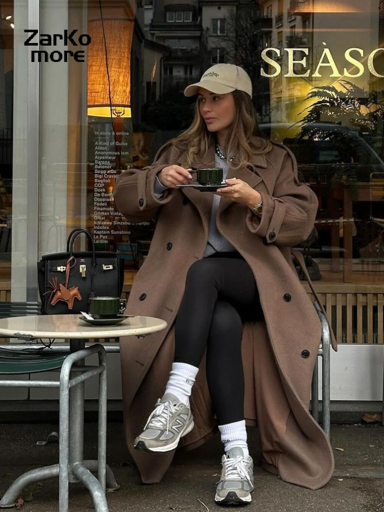 Elegant Grey Peacoat for Women, Long Double Breasted Wool Coat with Belt, Autumn Winter Street Style