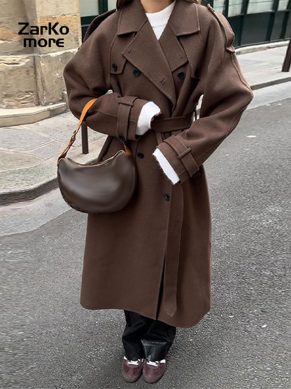 Elegant Grey Peacoat for Women, Long Double Breasted Wool Coat with Belt, Autumn Winter Street Style
