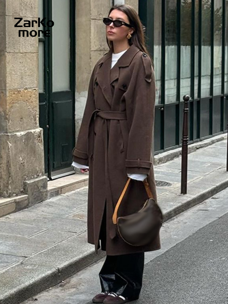 Elegant Grey Peacoat for Women, Long Double Breasted Wool Coat with Belt, Autumn Winter Street Style