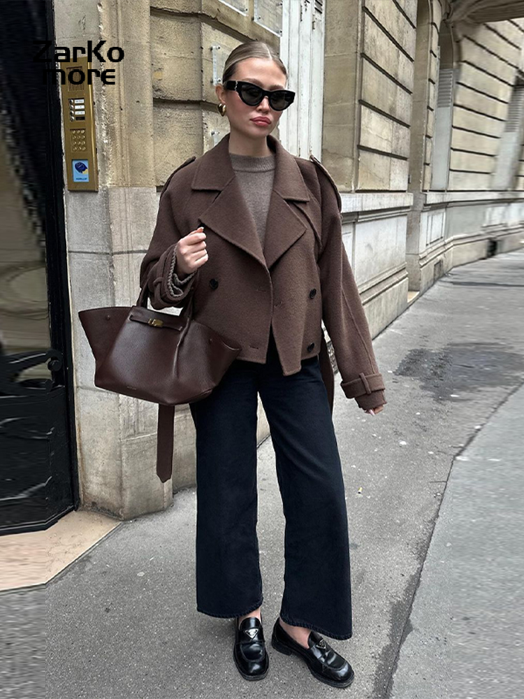 Elegant Grey Peacoat for Women, Long Double Breasted Wool Coat with Belt, Autumn Winter Street Style