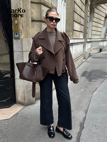 Elegant Grey Peacoat for Women, Long Double Breasted Wool Coat with Belt, Autumn Winter Street Style