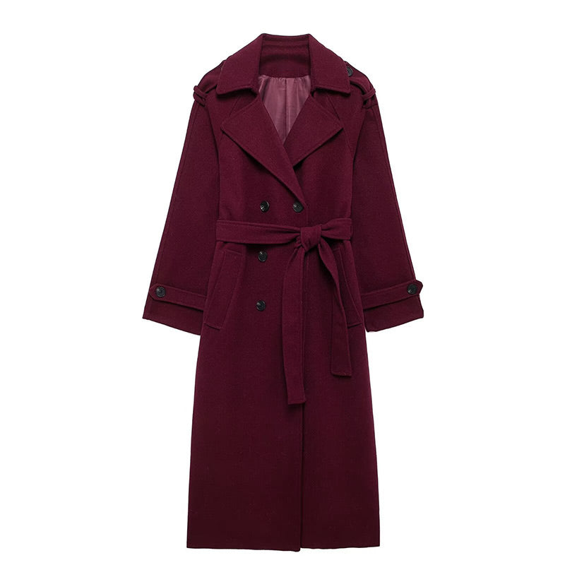 Elegant Grey Peacoat for Women, Long Double Breasted Wool Coat with Belt, Autumn Winter Street Style