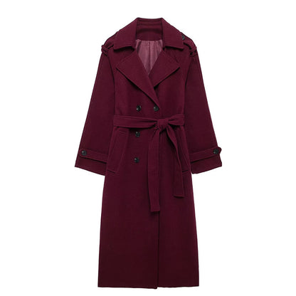 Elegant Grey Peacoat for Women, Long Double Breasted Wool Coat with Belt, Autumn Winter Street Style