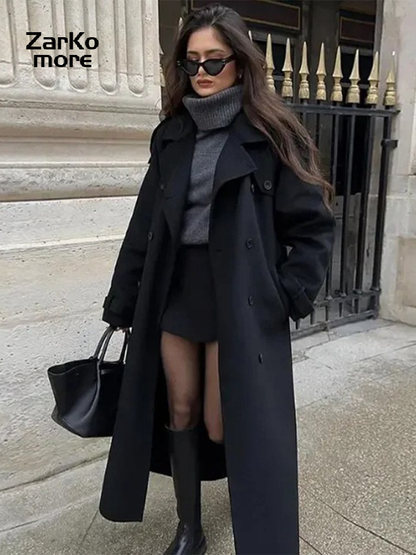 Elegant Grey Peacoat for Women, Long Double Breasted Wool Coat with Belt, Autumn Winter Street Style