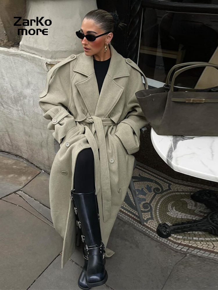 Elegant Grey Peacoat for Women, Long Double Breasted Wool Coat with Belt, Autumn Winter Street Style