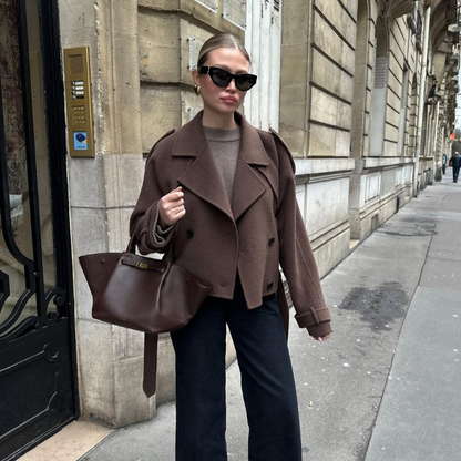 Elegant Grey Peacoat for Women, Long Double Breasted Wool Coat with Belt, Autumn Winter Street Style