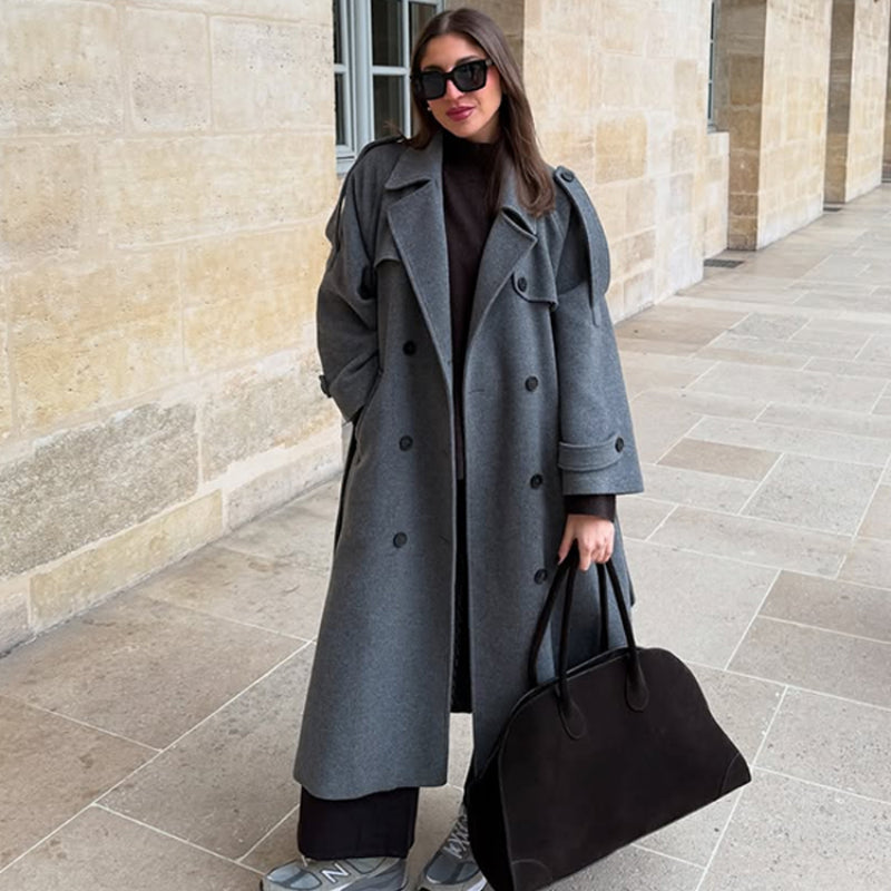 Elegant Grey Peacoat for Women, Long Double Breasted Wool Coat with Belt, Autumn Winter Street Style