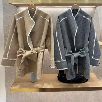 Womens French Style Wool Blend Coat, Belted Long Cardigan, Autumn Winter Outerwear, Loose Fit Trench