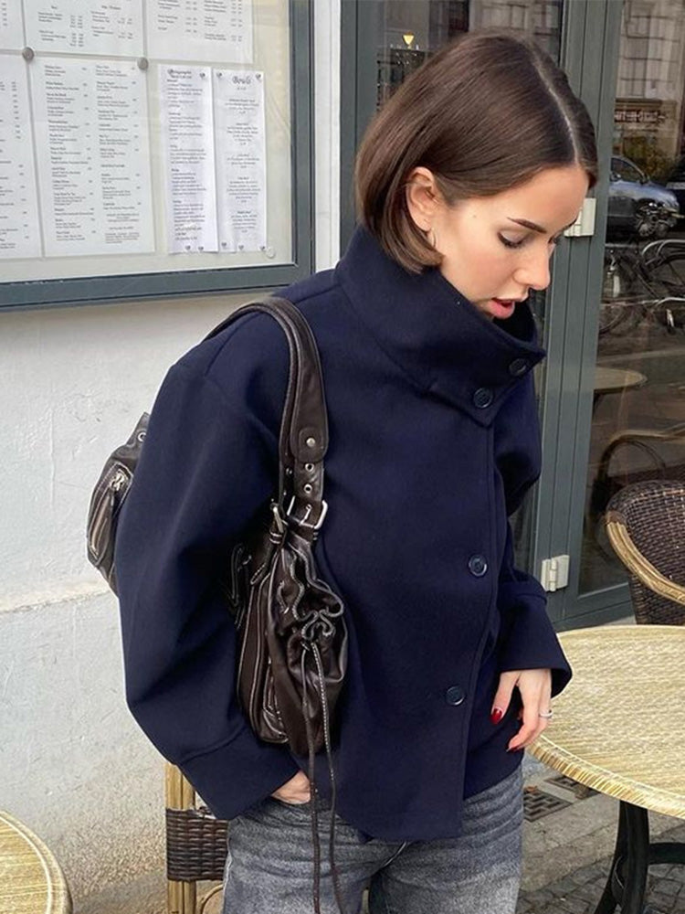 Elegant Womens Short Jacket, 2025 Autumn Stand Collar Coat, Single Breasted Outerwear for Office and High Street