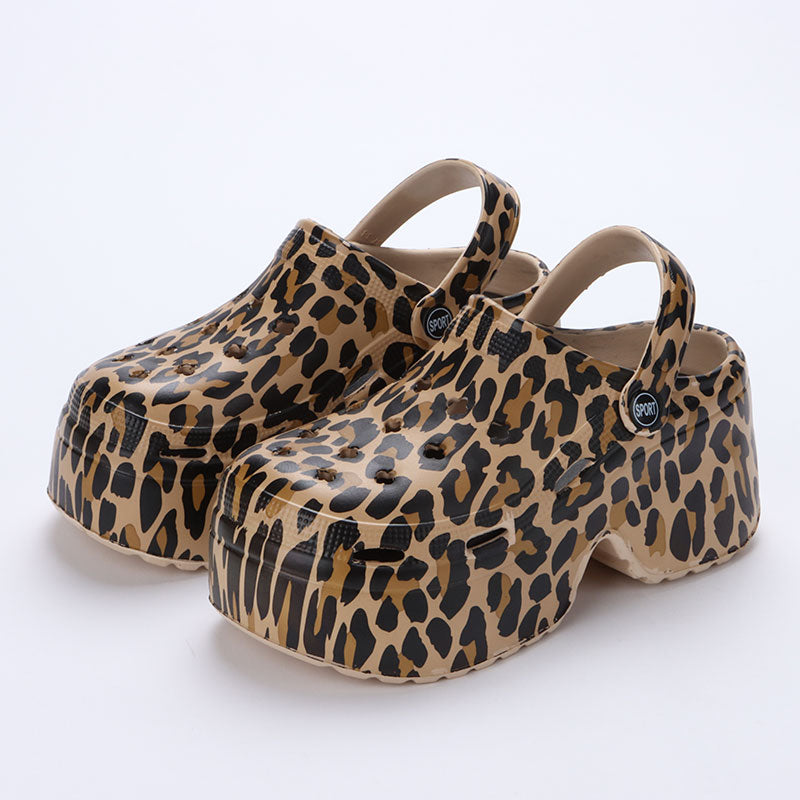 Womens Leopard Thick Bottom Clogs Closed Toe Chunky Platform Sandals Super High Wedge Heel Slippers Female Summer