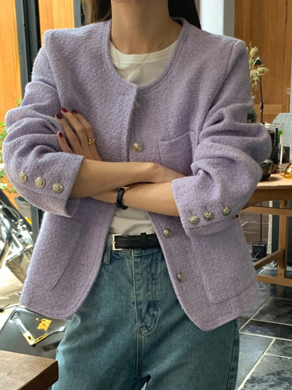 Women's Tweed Coat, Autumn Winter Elegant Short Outerwear with Single Button and Round Neck
