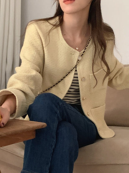 Women's Tweed Coat, Autumn Winter Elegant Short Outerwear with Single Button and Round Neck