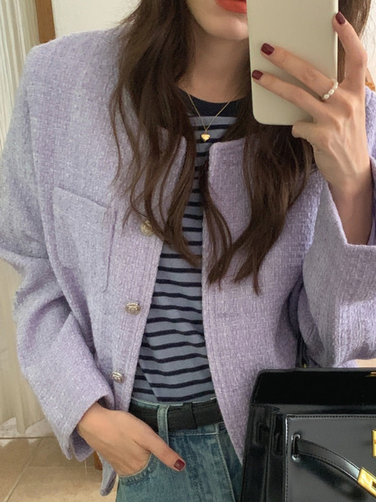 Women's Tweed Coat, Autumn Winter Elegant Short Outerwear with Single Button and Round Neck