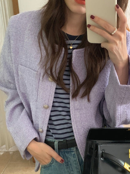 Women's Tweed Coat, Autumn Winter Elegant Short Outerwear with Single Button and Round Neck