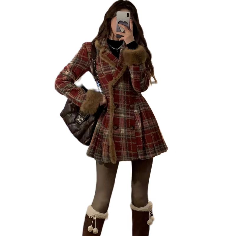 Women's Double Breasted Plaid Coat, V Neck Woolen Jacket, Loose Fit Tops for Autumn and Winter