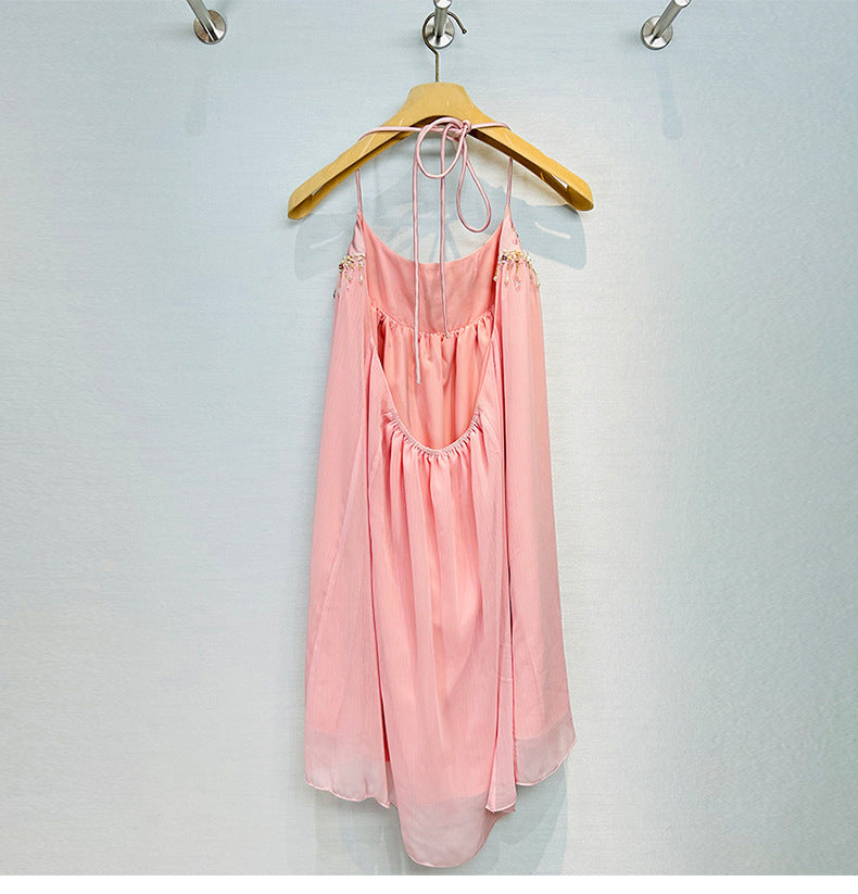 Suspender Dress, Sexy Backless Pink Dress with Embroidered Beads for Travel, Spring Summer